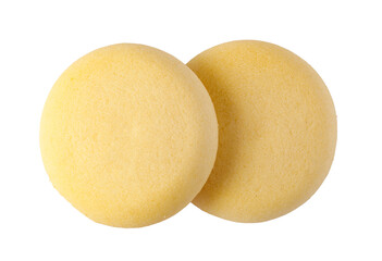 Two round yellow sponge cakes on transparent background