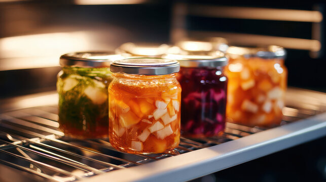 Assorted jars of preserved fruits and vegetables stored on a shelf in a refrigerator, showcasing vibrant colors and textures