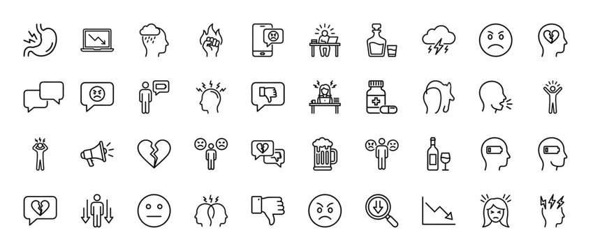 Mental health line icon set. Vector pictograms of stress, burnout, depression, addiction, anger, sadness, frustration, and emotional problems, thin linear illustration.