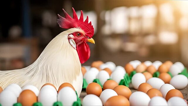 Majestic white rooster with vibrant red comb stands guard over trays of fresh brown and white