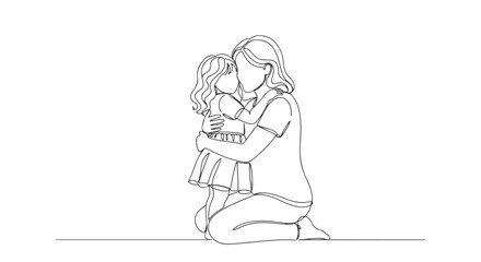 A beautiful continuous single line art drawing depicting a mother and child sharing a tender hug, symbolizing family love and connection, perfect for minimalist designs
