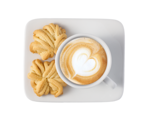 Cappuccino with heart latte art and butter cookies