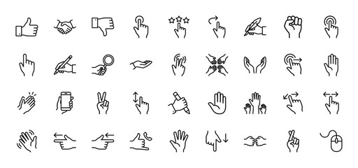 Fototapeta premium Human interaction line icon set. Vector pictograms of hands showing gestures for tapping, swiping, writing, pointing, holding, and social communication, thin linear illustration.