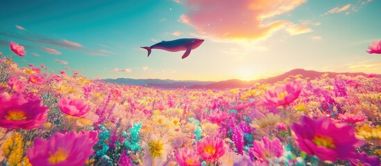 Surreal Whale Soars Above Vibrant Dreamscape Meadow at Sunset