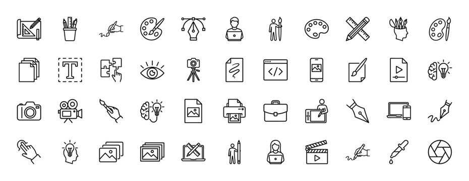Design and creative process line icon set. Vector pictograms of paint palette, brush, pen tool, camera, laptop, brainstorm, coding, documents, and video production, thin linear illustration.
