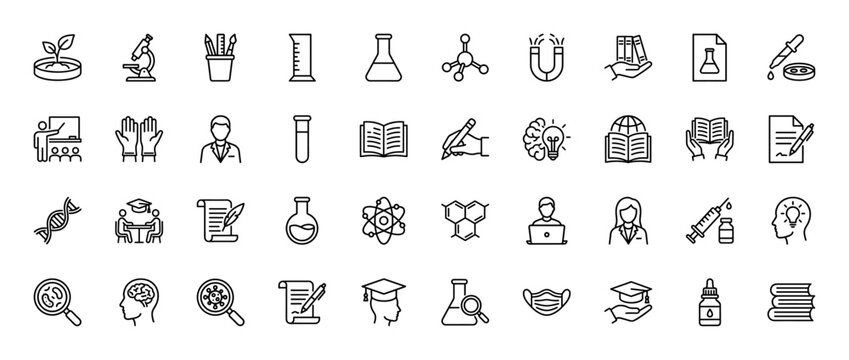 Science and education line icon set. Vector pictograms of laboratory instruments, academic symbols, and research concepts, thin linear illustration.