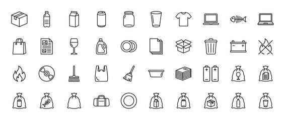 Fototapeta premium Recycling and waste management line icon set. Vector pictograms of bottles, cans, cartons, electronics, paper, and sorted trash, thin linear illustration.