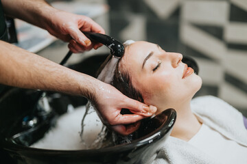 A client reclines with eyes closed as a stylist washes her hair at a salon basin. The soothing water and cleansing convey relaxation, care, and professional haircare service.
