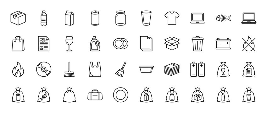 Recycling and waste management line icon set. Vector pictograms of bottles, cans, cartons, electronics, paper, and sorted trash, thin linear illustration.