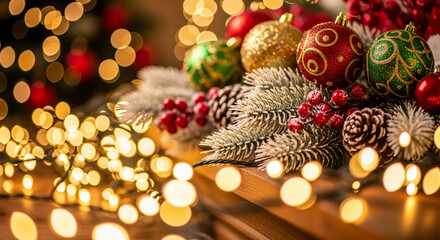 Festive Christmas decorations with ornaments pine cones and lights creating a warm holiday atmosphere for seasonal greetings and backgro