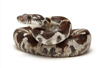 Obraz premium detailed close-up of a brown and cream patterned python snake coiled on a clean white backdrop. Ideal for wildlife, reptile research, nature themes, education, and stock photography collections.
