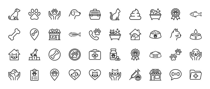 Pet care line icon set. Vector pictograms of dog, cat, paw print, pet shop, bone, medicine, bath, food bowl, carrier, and veterinary supplies, thin linear illustration.