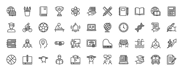 Education line icon set. Vector pictograms of pencils, globe, books, graduate, calculator, laptop, certificate, and school building, thin linear illustration.
