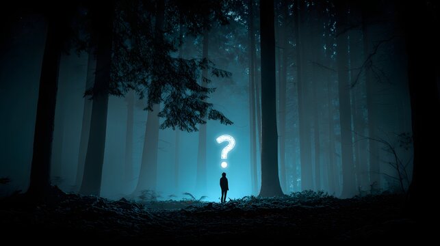 Mysterious Figure with Glowing Question Mark in Dark Forest.