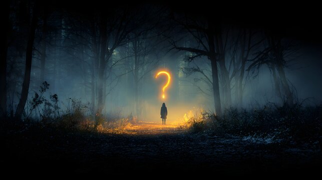 Mysterious Figure with Glowing Question Mark in Dark Enchanted Forest. - Powered by Adobe