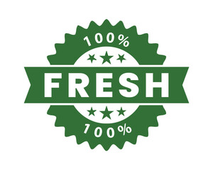 A green circular seal with "100% FRESH" written in white text, featuring stars and a serrated edge, symbolizing quality and natural ingredients.