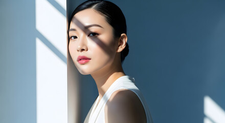 Young Asian woman with pink lips and white top in sunlight young woman female