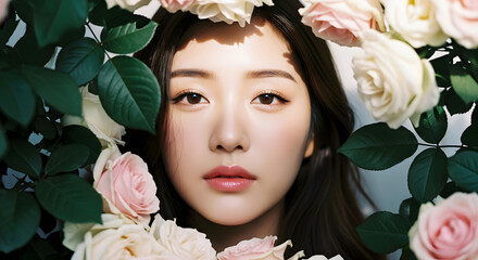 Young woman with dark hair framed by pink and white roses female face