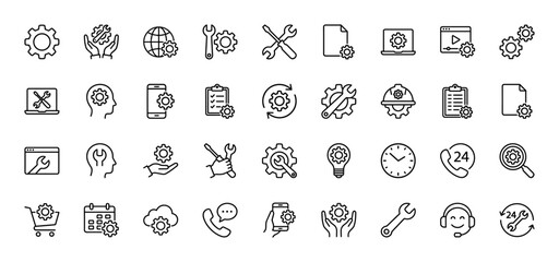Configuration, maintenance, and service line icon set. Thin line vector icons depicting technical support, IT tools, devices, and essential service elements.