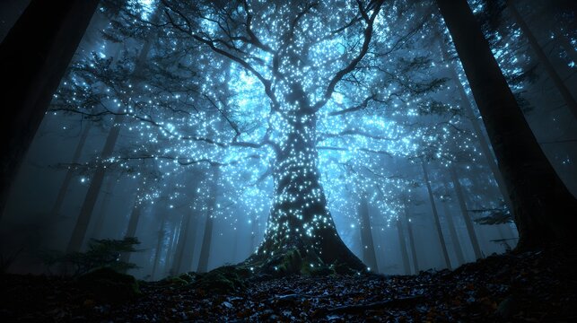 Mystical Glowing Tree in a Dark Enchanted Forest with Blue Light and Fog.