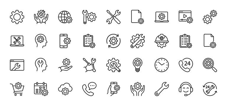 Configuration, maintenance, and service line icon set. Thin line vector icons depicting technical support, IT tools, devices, and essential service elements.