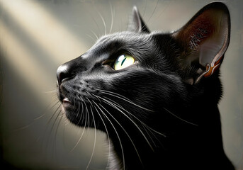 Close up profile of a black cat with bright green eyes looking up feline animal