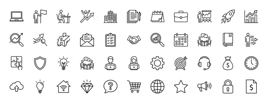 Business and startup line icon set. Vector pictograms of office, finance, strategy, marketing, technology, and analytics, thin linear illustration.