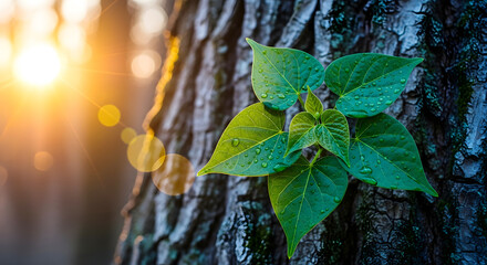 Green leaves with water droplets on tree bark with sun flare bokeh