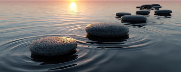 Stepping stones across calm water at sunset, creating ripples