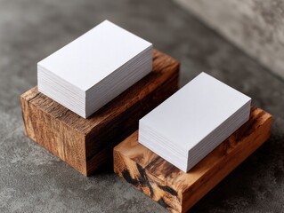 Business cards stacked on wood blocks against gray concrete