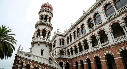 Ornate White and Red Building with Tower and Palm Tree architecture red dome