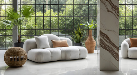 White bouclé sofa with plants and marble column by large window cushion pillow