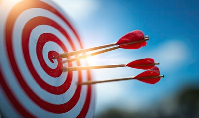 Red and white target with three arrows hitting bullseye; bright sky backdrop