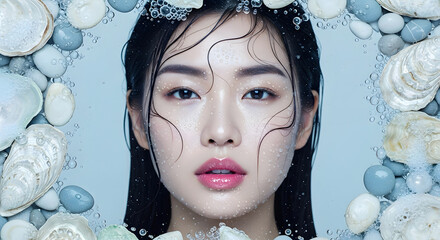 Woman with wet hair and skin surrounded by seashells and water droplets face