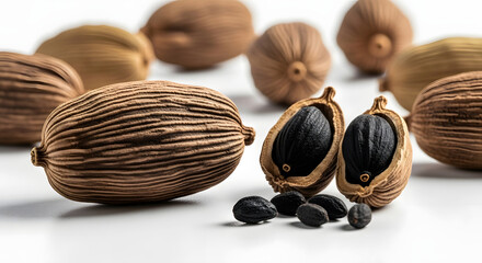 Whole and split nutmeg pods with black seeds on white background spice whole nutmeg