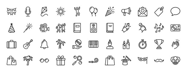 Obraz premium Party, celebration, and entertainment line icon set. Vector pictograms of party popper, balloons, music notes, dancing, gifts, masks, fireworks, and instruments, thin linear illustration.