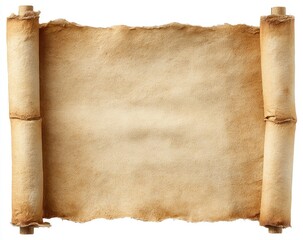 Aged parchment scroll unrolled with textured paper, isolated on white