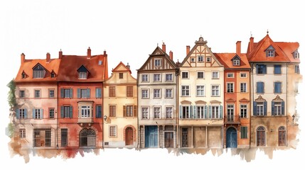 Fototapeta premium A watercolor style illustration showcases a row of European-style buildings in vibrant colors.