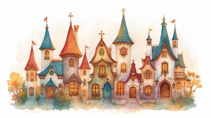 Fototapeta premium Whimsical watercolor townscape with colorful turrets, arches and windows, fantasy architecture.
