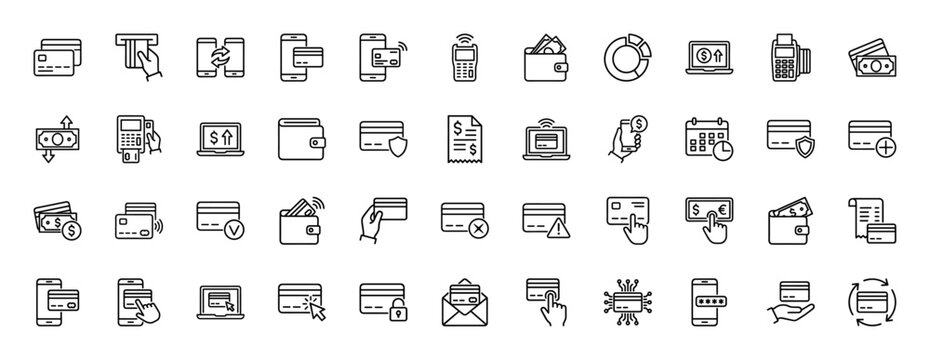 Financial transaction line icon set. Vector pictograms of credit cards, wallets, smartphones, POS terminals, secure payments, bills, and data analysis, thin linear illustration.