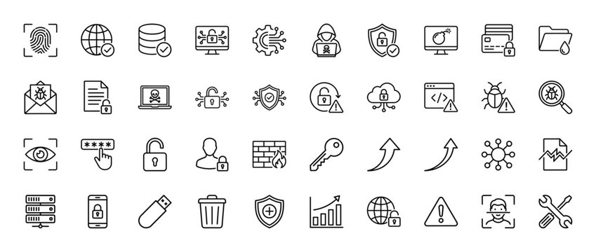 Cybersecurity line icon set. Vector pictograms of digital monitor, shield, database, fingerprint, hacker, global network, credit card, email, firewall, password, thin linear illustration.