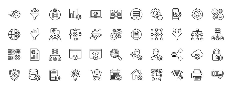 Data processing and system configuration line icon set. Vector pictograms of mobile sync, data funnels, server management, workflow, cloud, security, and user settings, thin linear illustration.