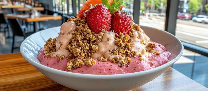 Vibrant Smoothie Bowl with Strawberries, Granola, and Mint, Restaurant Setting.