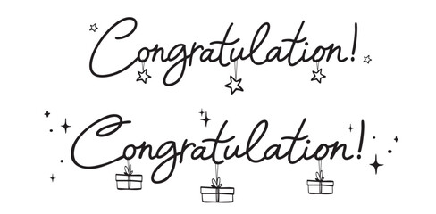 Hand-drawn “Congratulations” lettering with stars and gift boxes, black and white festive doodle design