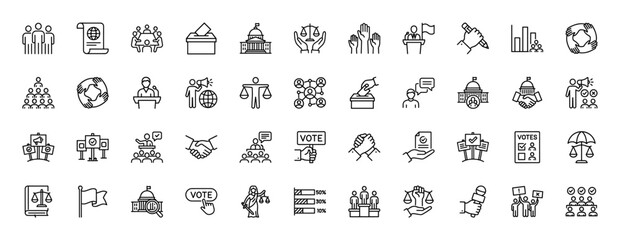 Government and politics line icon set. Vector pictograms of ballot box, crowd, raised hands, building, scales, speaker, handshake, and voting elements, thin linear illustration.