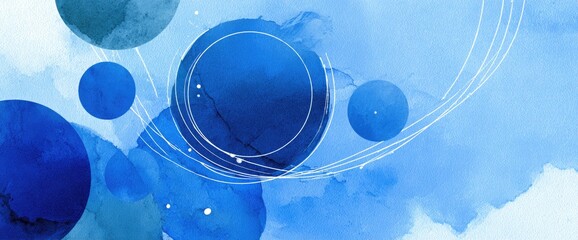 Watercolor abstract with blue circles and thin white lines in airy composition