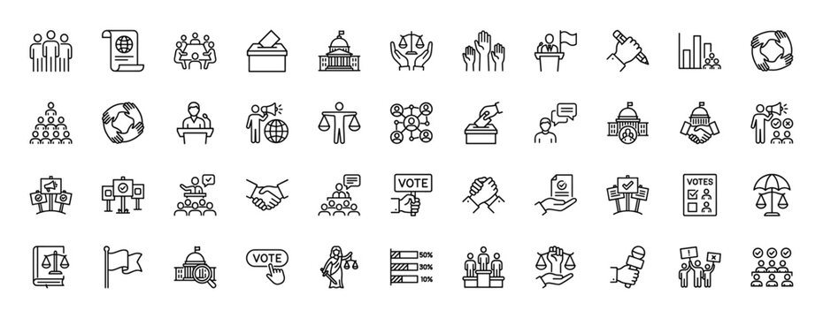 Government and politics line icon set. Vector pictograms of ballot box, crowd, raised hands, building, scales, speaker, handshake, and voting elements, thin linear illustration.
