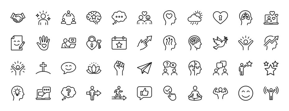 Psychology line icon set. Vector pictograms of brain, heart, thoughts, meditation, communication, and personal growth, thin linear illustration.
