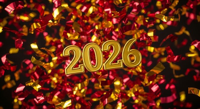 Golden 2026 text with falling red and gold confetti