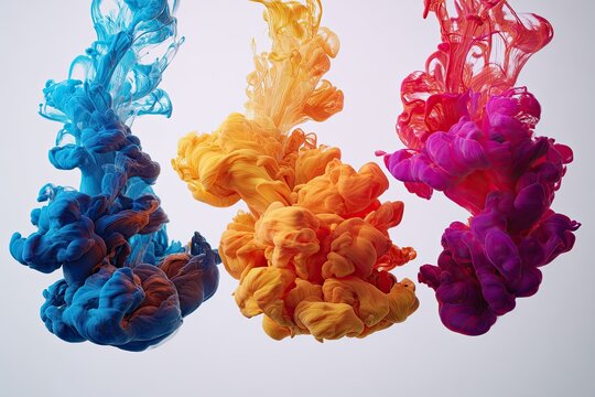 Three columns of colorful ink plumes suspend in liquid against a neutral backdrop - Powered by Adobe